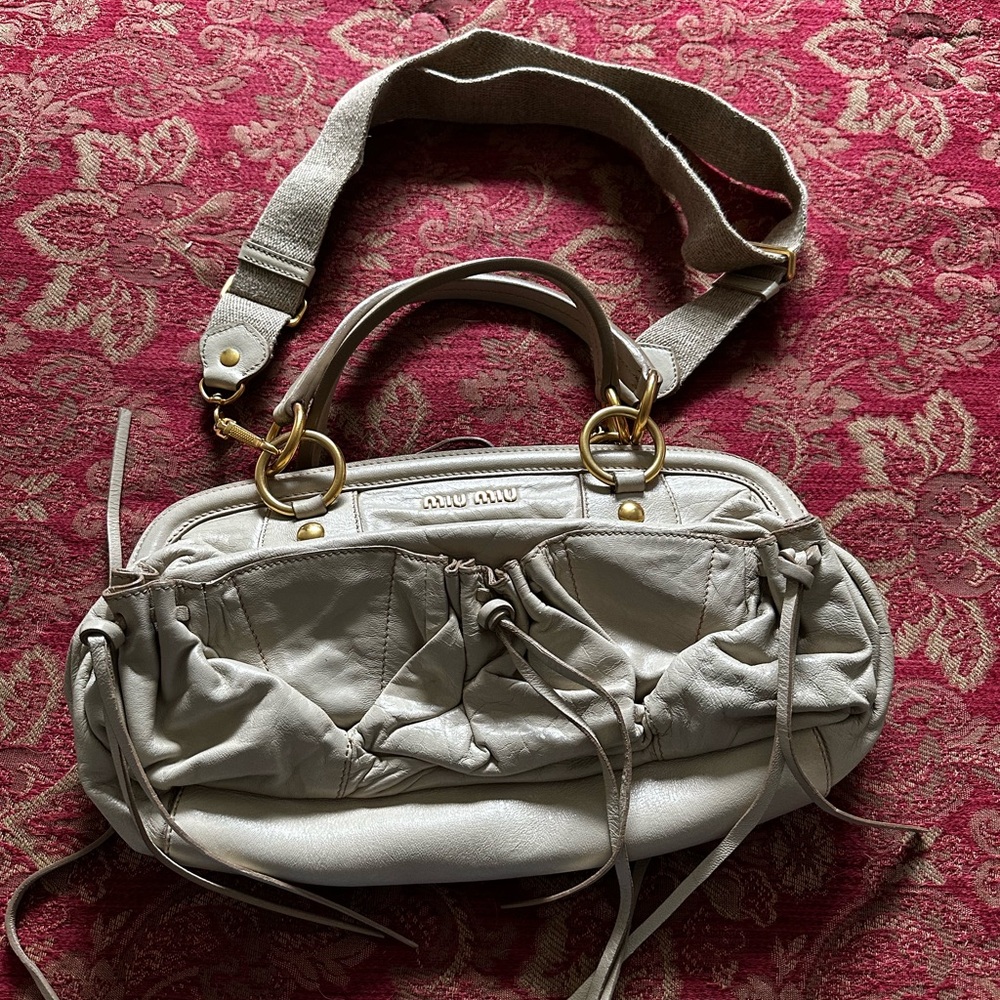 Miu Miu Gray Slouchy Shoulder Bag with Gold-Tone Accents